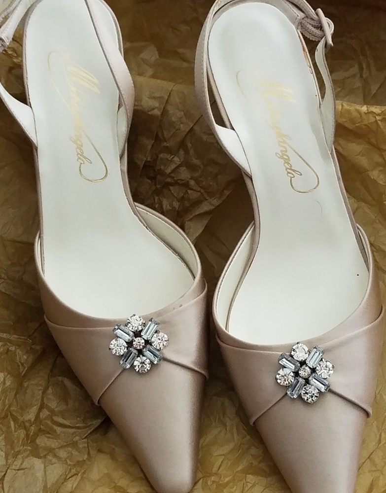 SEXY SATIN BLING. Michelangelo's "Audrey" satin/bejeweled sling back